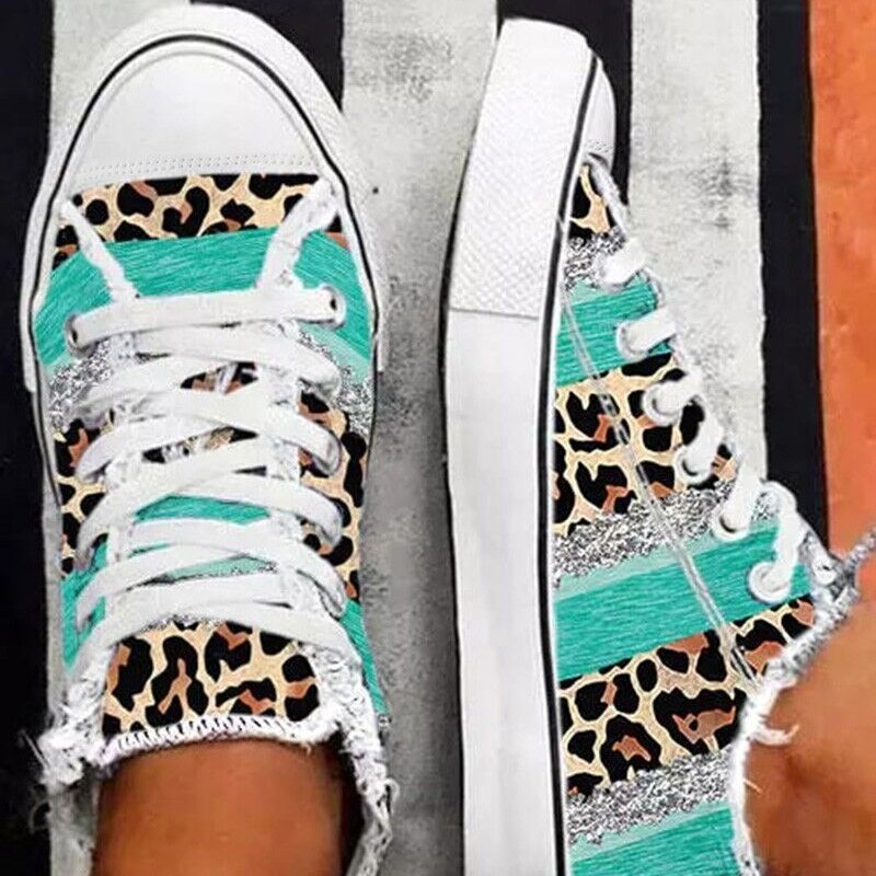 Independent Station New Green Leopard Print 3D Print Colorblock Casual Flat Canvas Shoes Women's Large Size Lace-up Single-layer Shoes Sneakers