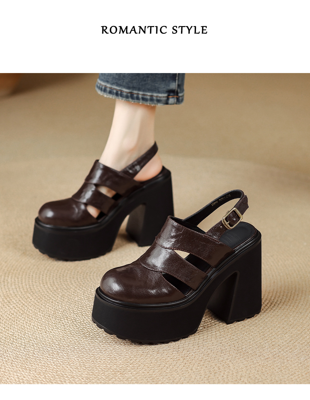 Sandal cao gót nữ đế dày quai ngang bọc da, gót 9 cm — màu nâu, màu đen chi tiết 9
