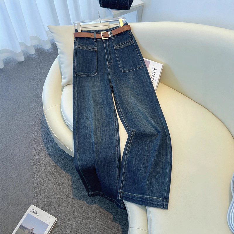 复古蓝高腰直筒牛仔裤女2025秋季新款宽松显瘦阔腿裤百搭拖地裤子|undefined