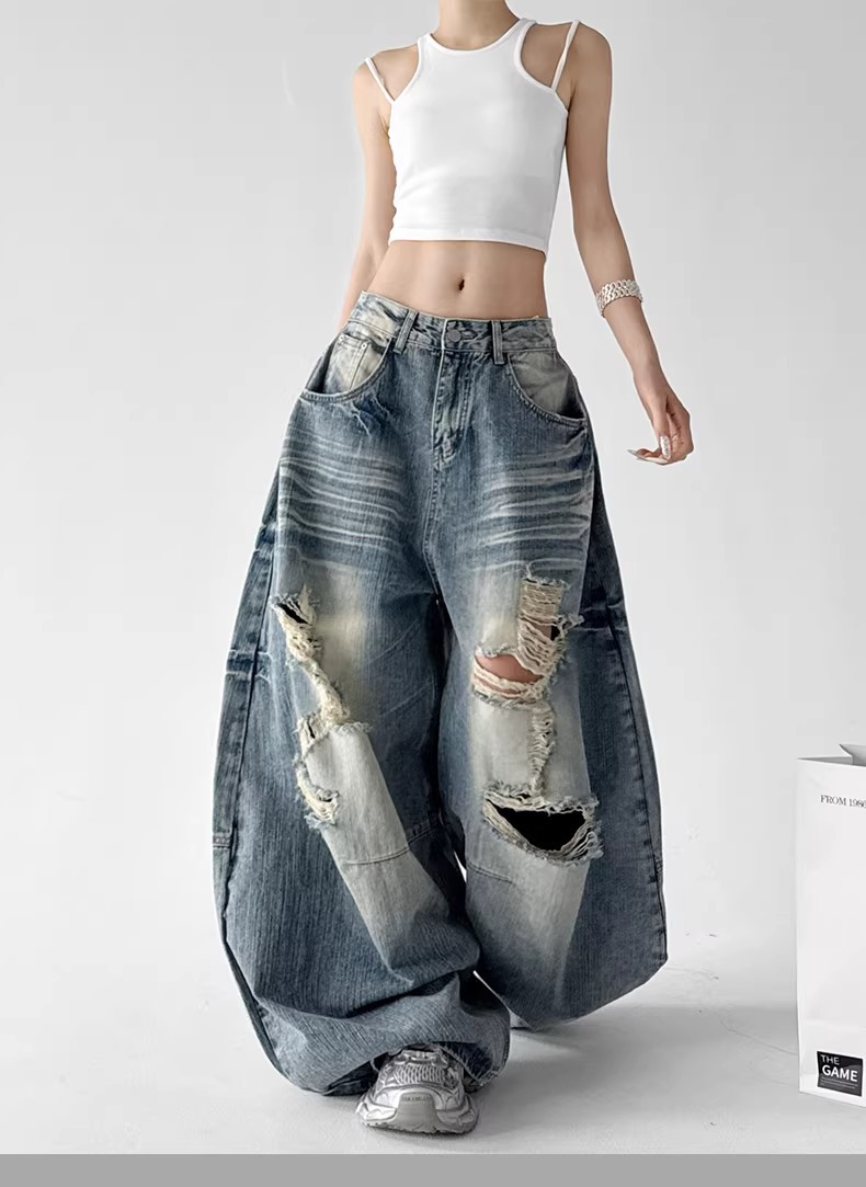 Women's Dark Blue Ripped Wide Leg Jeans Slimming Street Style Floor Length Pants Summer New Design_mkmklike.com
