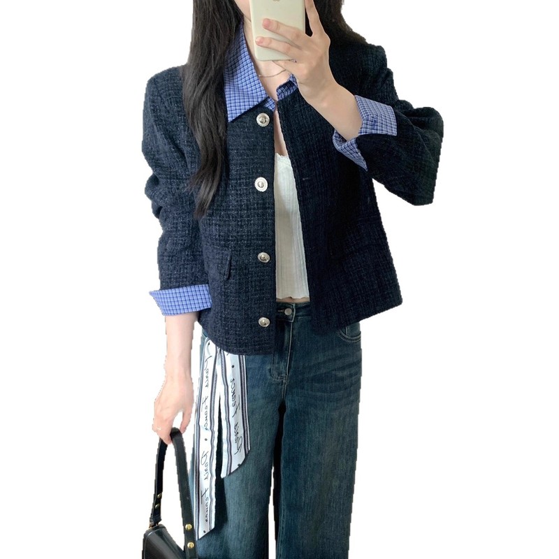 韩系假两件拼接翻领小香风外套女秋季新款宽松休闲短款夹克上衣潮|undefined