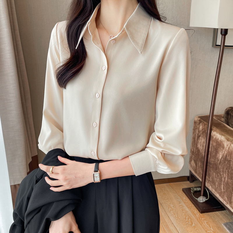 缎面长袖衬衣女秋季设计感职业面试正装通勤黑色衬衫内搭西装上衣