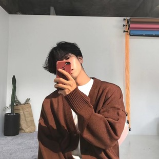 Knitted Sweater Men's Cardigan Coat Spring and Autumn Korean Style Loose Super Popular Instagram Popular Brand V-neck Single-breasted Solid Color Outer Wear Sweater