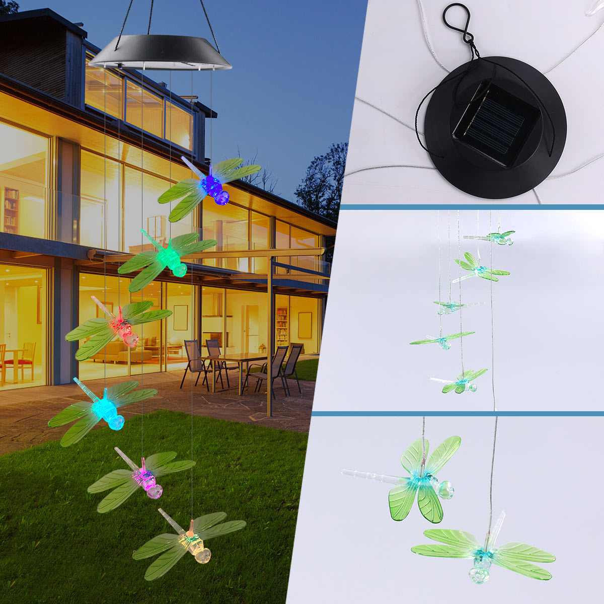 Fábrica al por mayor al aire libre solar colorido LED libélula viento carillón luz solar lámpara transfronteriza regalo cadena Luz