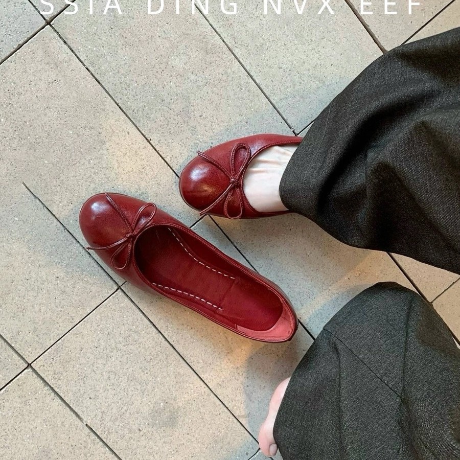 Retro Mary Jane shoes flat made of sheepskin leather with bow low-cut, genuine leather, round toe, balletcore style