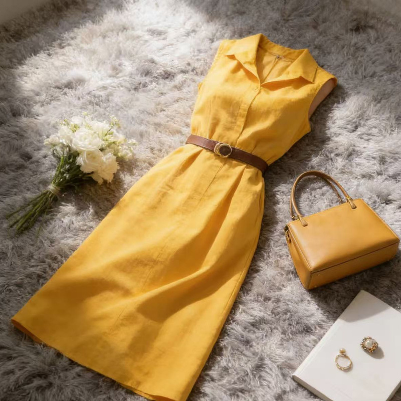 2026 Summer French-Style Niche Yellow Collared Sleeveless Shirt, Yellow Dress, Fashionable and Elegant Waist-Cinching Long Dress