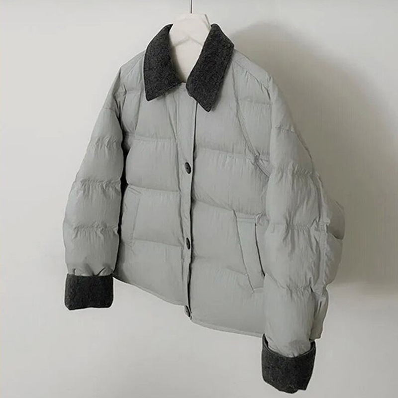 韩版撞色翻领单排扣棉服女2025冬季新款宽松显瘦休闲加厚保暖棉衣