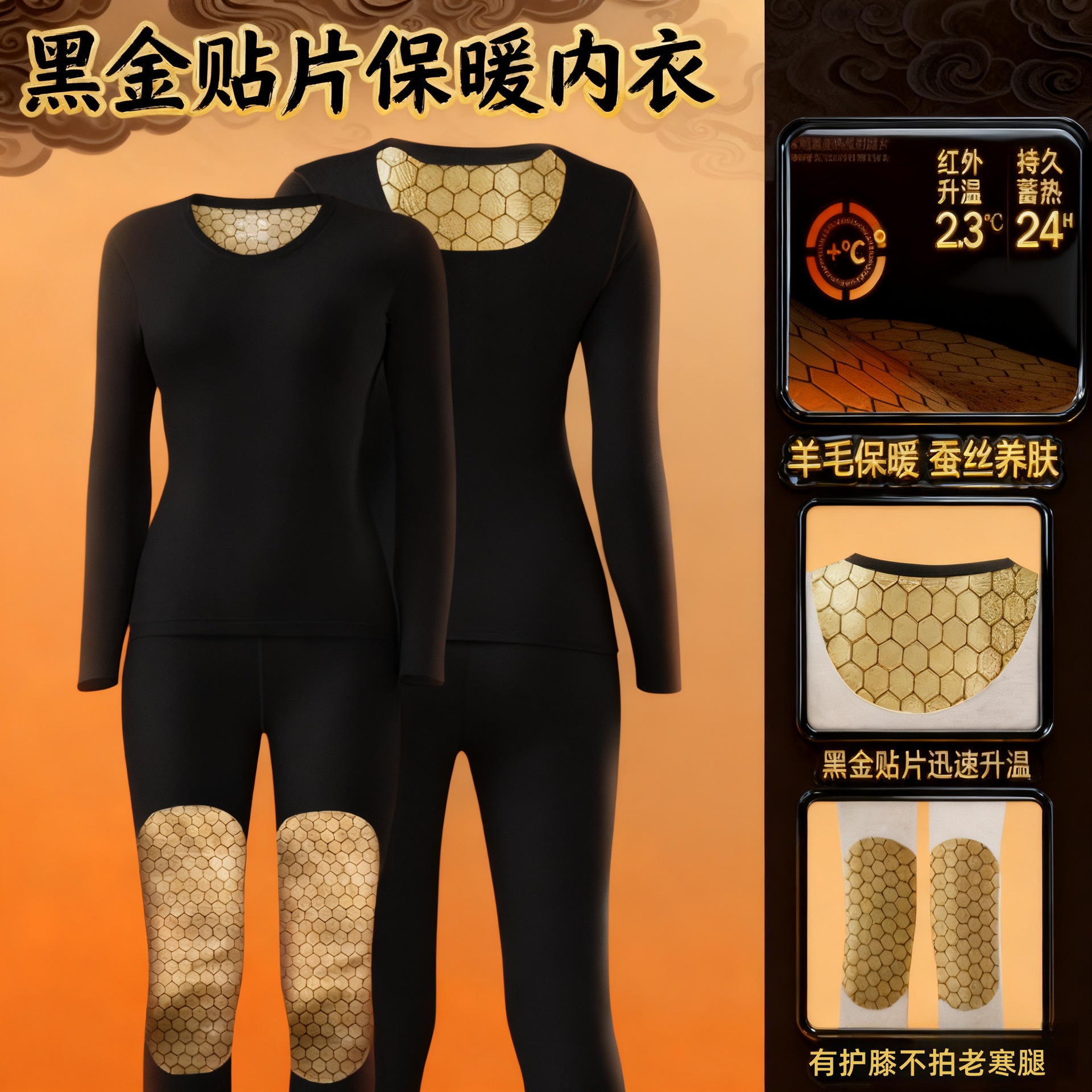 Black Gold Thermal Men's and Women's Patch Heating Thermal Underwear Set Thickened Silk Autumn and Winter Skin Beauty Clothing