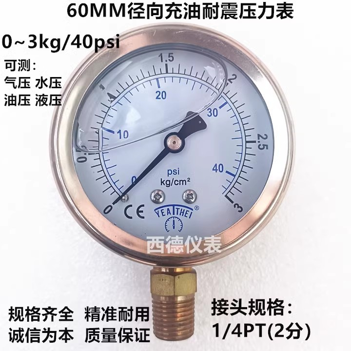 YN60 60MM径向0－3KG充油防震压力表 耐震压力表 气压表 水压表