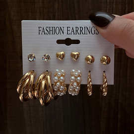 A2478欧美热销镶嵌珍珠复古金色爱心耳环高级感麻花6件套装耳饰