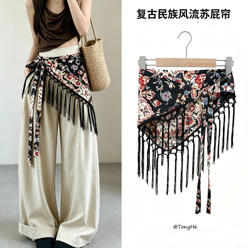 Trendy Tassel Waist Belt with Printed Triangle Scarf for Women, Layered Skirt Overlay, 2026 New Korean Style for Spring and Summer Trendy Tassel Waist Belt with Printed Triangle Scarf for Women, Layered Skirt Overlay, 2026 New Korean Style for Spring and Summer