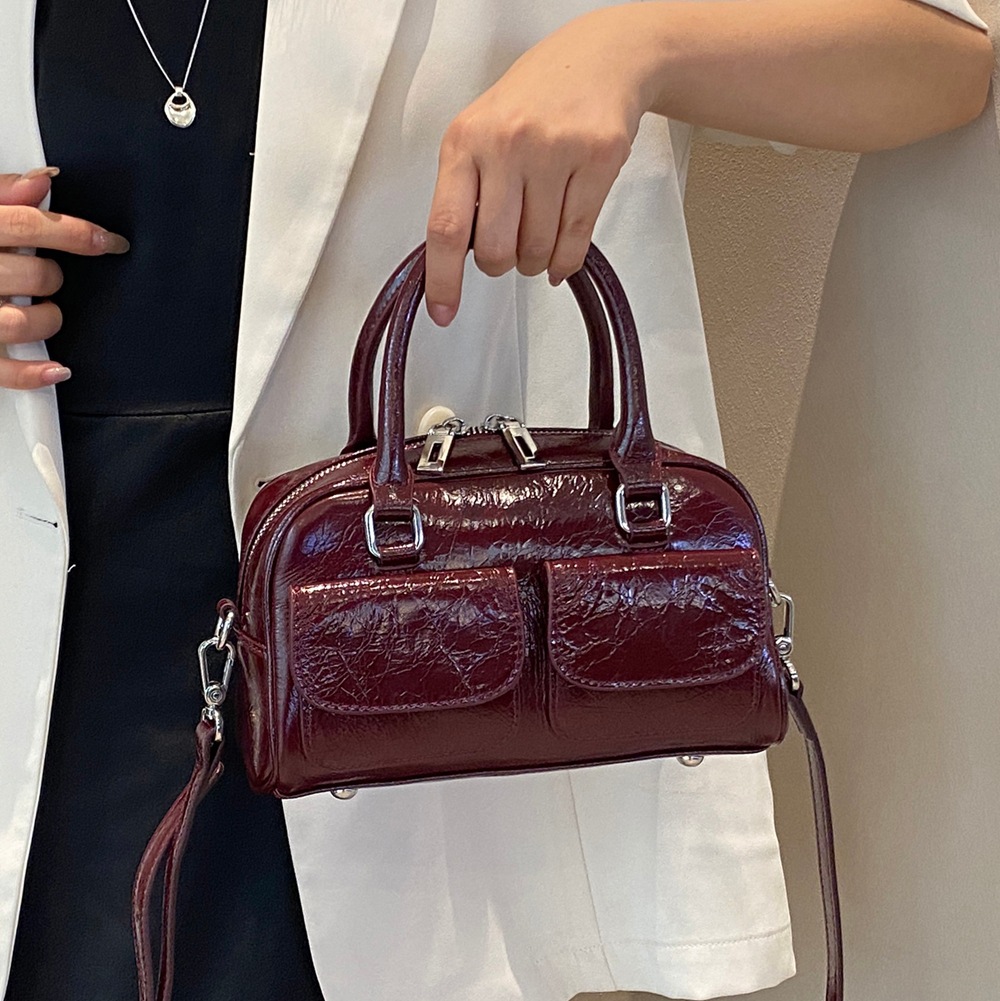 Genuine Leather Retro Handbag For Women, Cracked Cowhide Fashion Simple Bowling Boston Bag, Commuter Shoulder Bag - Thumbnail 2