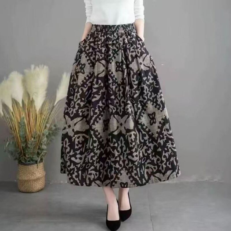 Artistic Retro New Stylish Long Skirt, Slimming and Versatile, High-Waisted Cotton-Linen Flared Skirt with Elastic Waist for Women Artistic Retro New Stylish Long Skirt, Slimming and Versatile, High-Waisted Cotton-Linen Flared Skirt with Elastic Waist for Women