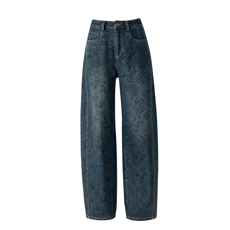 Quần jeans nữ dáng rộng lưng cao ống rộng thiết kế Jacquard Scimitar — màu xanh