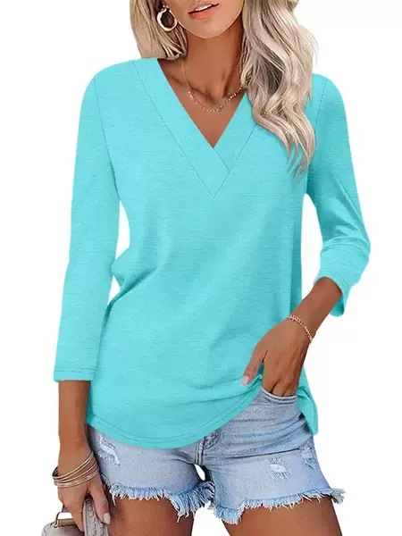 2024 cross-border foreign trade Amazon new women's V-neck shirt solid color fashion Joker comfortable long sleeve T-shirt