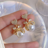Silver needle, advanced earrings from pearl with bow, light luxury style, silver 925 sample, wholesale