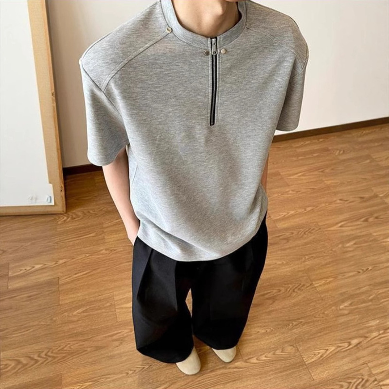 American-Style Space Cotton Short-Sleeve Men's Summer Half-Zip Regular Shoulder T-Shirt with Spliced Half-Sleeve Antibacterial Pima Cotton Couple's Outfit