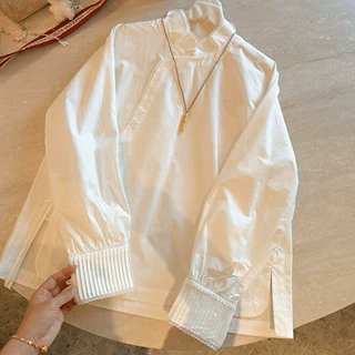 白色新中式花边长袖衬衫女2026春季新款轻奢高级感超好看别致上衣
