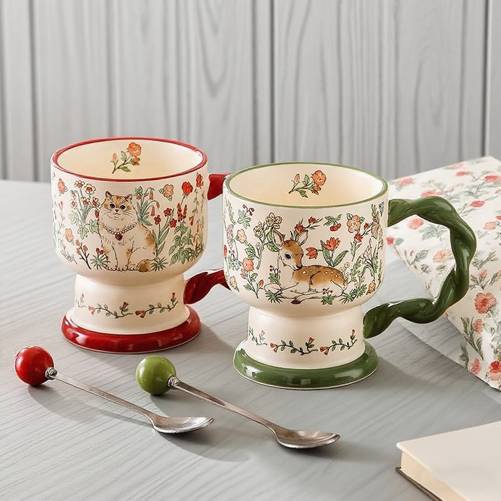 Retro Oil Painting-Like Ceramic Coffee Cup, High-End Niche Mug, Girl's Souvenir, High-Looking Water Cup