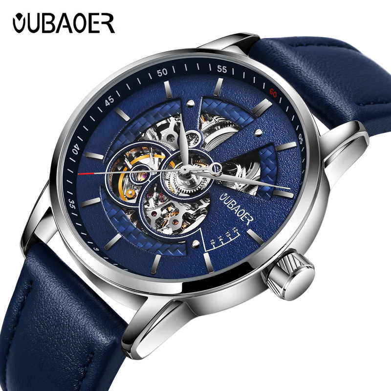 OUBAOER brand mechanical hollowed out waterproof leather watch with lare dial, fashionable and trendy watch, hot_voghion.com