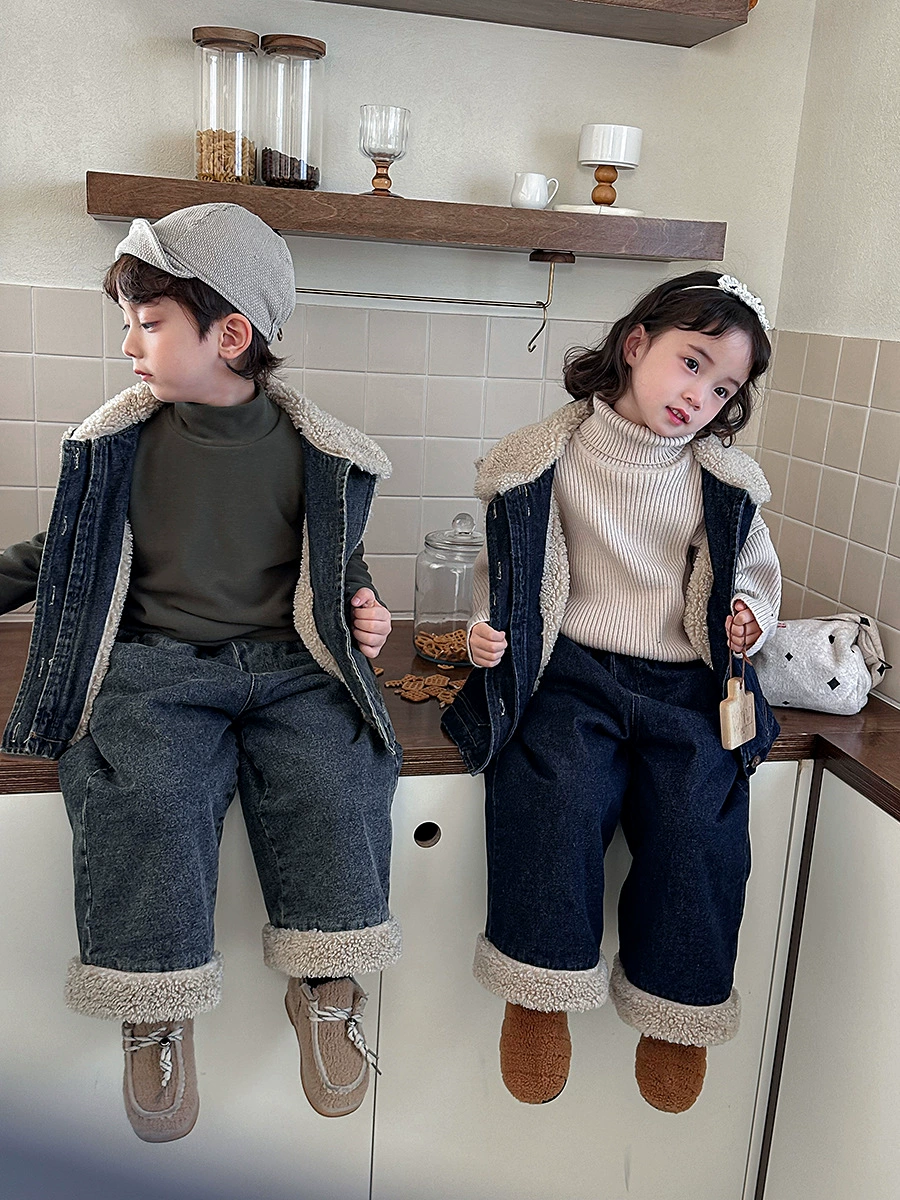 Winter denim vest for boys, jacket, set, increased thickness