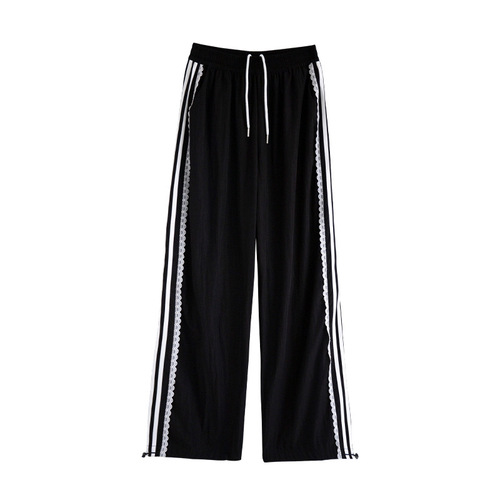 Lace Striped Women's Autumn 2025 New Loose Wide Leg Straight Leg Casual Quick Dry Black Wide Leg Pants