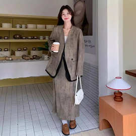 晕染休闲西装套装裙2024新款女春秋高级感假两件上衣半身裙两件套