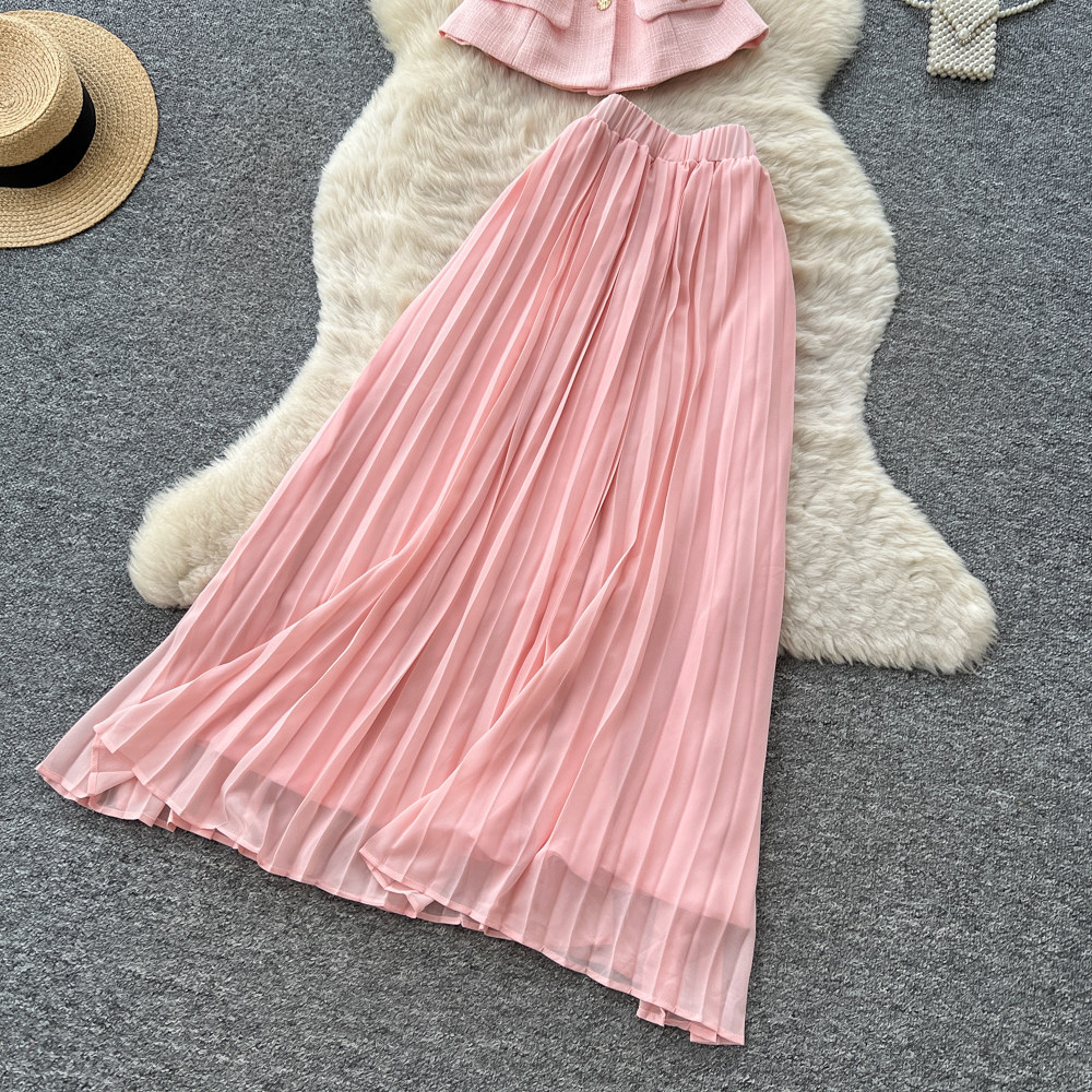 Inspired Women's Pink Two Piece Set Summer Short Sleeve High Waisted Pleated Skirt Sophisticated And Elegant_ecoleips.com