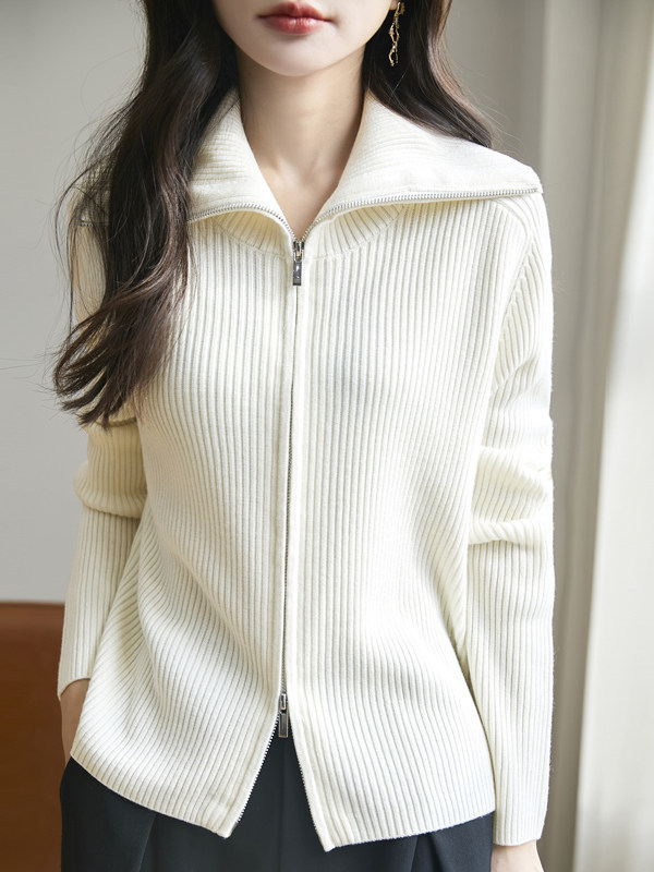 Z.M.R Minimalist Large Lapel Double Zipper Knit Cardigan for Women, Ribbed Stretch Slim Fit Knit Top Z.M.R Minimalist Large Lapel Double Zipper Knit Cardigan for Women, Ribbed Stretch Slim Fit Knit Top
