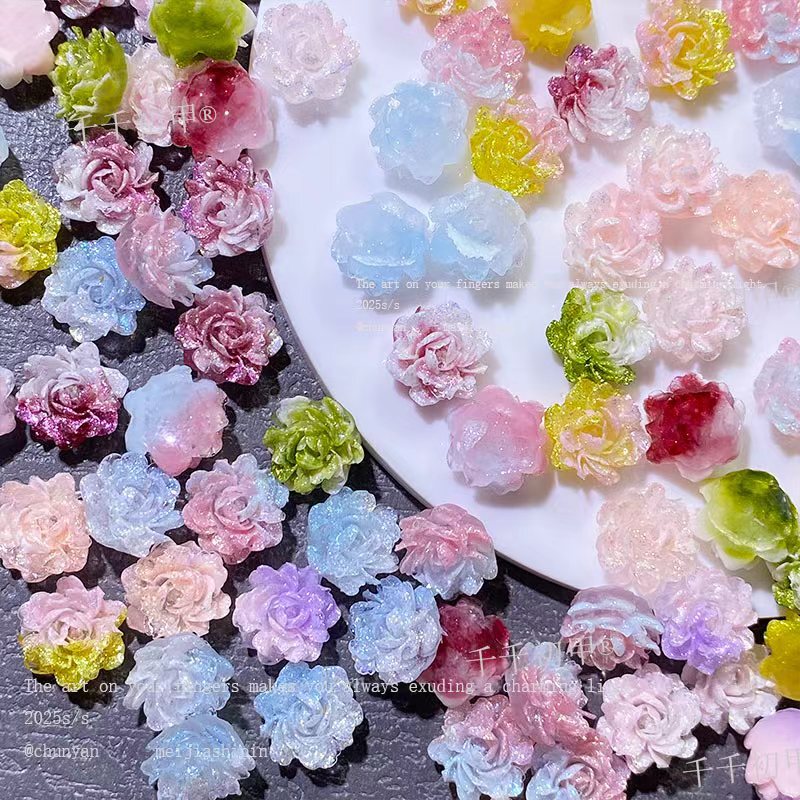 Live Broadcast Popular Colorful Fine Glitter Soft Glue Peony Nail Art Jewelry Luminous Stereo Resin Carved Nail Decoration Batch