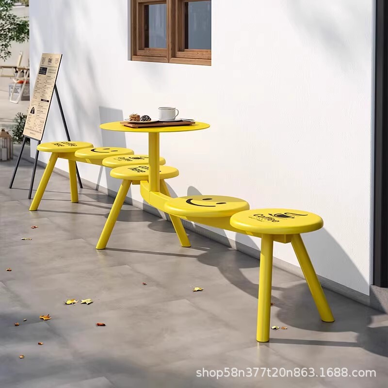 Ins Cream Style Outdoor Tables and Chairs Terrace Milk Tea Coffee Hotel Outdoor Round Smiling Face Bench Courtyard Leisure Chair