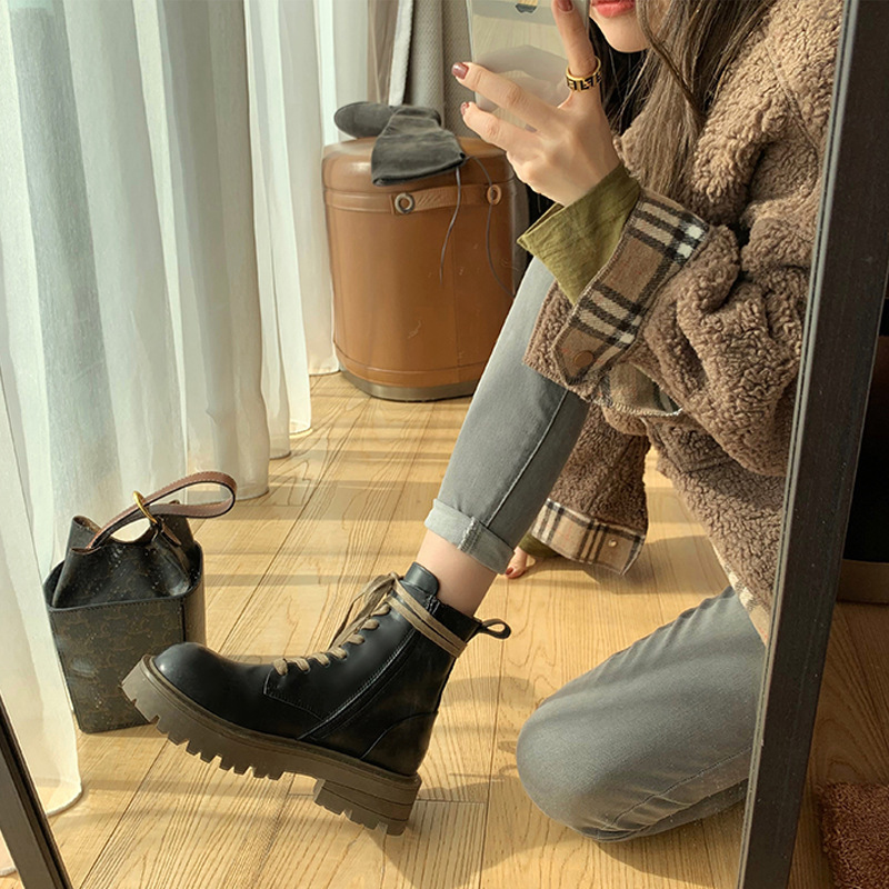 葡萄妈同款2025秋冬新款短靴子显瘦复古增高厚底软皮马丁靴女真皮|undefined