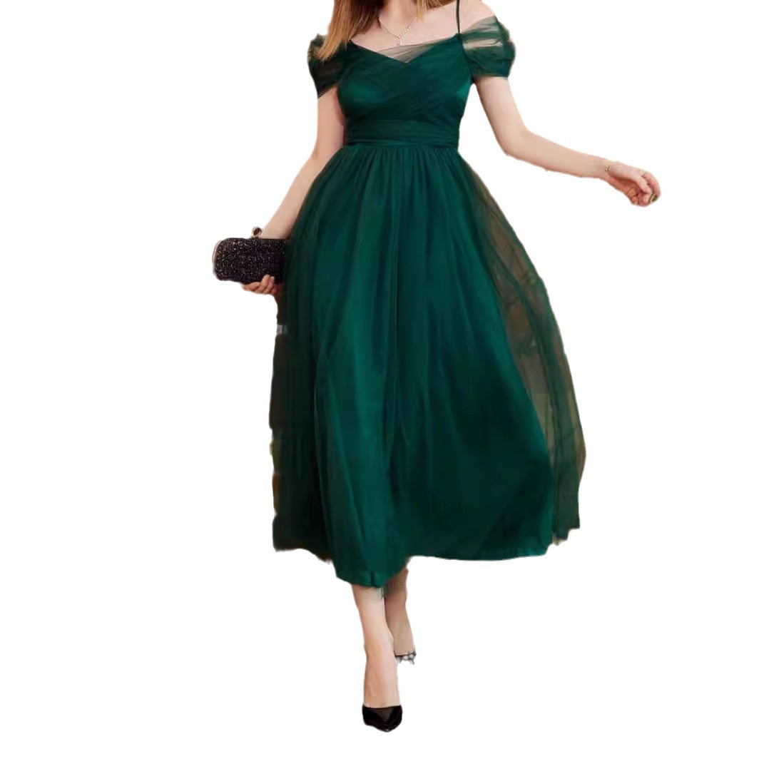 Primavera y verano europeo y americano Comercio exterior nueva malla ropa de mujer vestido sexy fuera del cuello Correa encaje-arriba boda Vestido de dama de honor