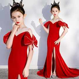 女童晚礼服走秀鱼尾公主裙女2026新款洋气红色儿童模特钢琴演出服
