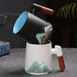 千里江山创意国潮陶瓷茶杯粗陶办公茶水分离杯礼盒商务伴手礼logo