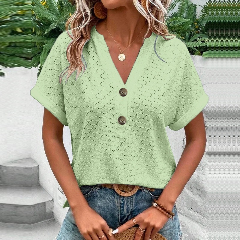 2025 春夏ヨーロッパとアメリカのクロスボーダー Amazon 独立したステーション新しい婦人服ファッションカジュアル無地ボタン V ネック T シャツ女性|undefined