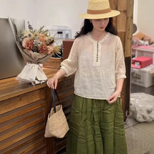 圆领套头五分袖苎麻纽扣设计感宽松薄款夏季新款女式简约百搭T恤