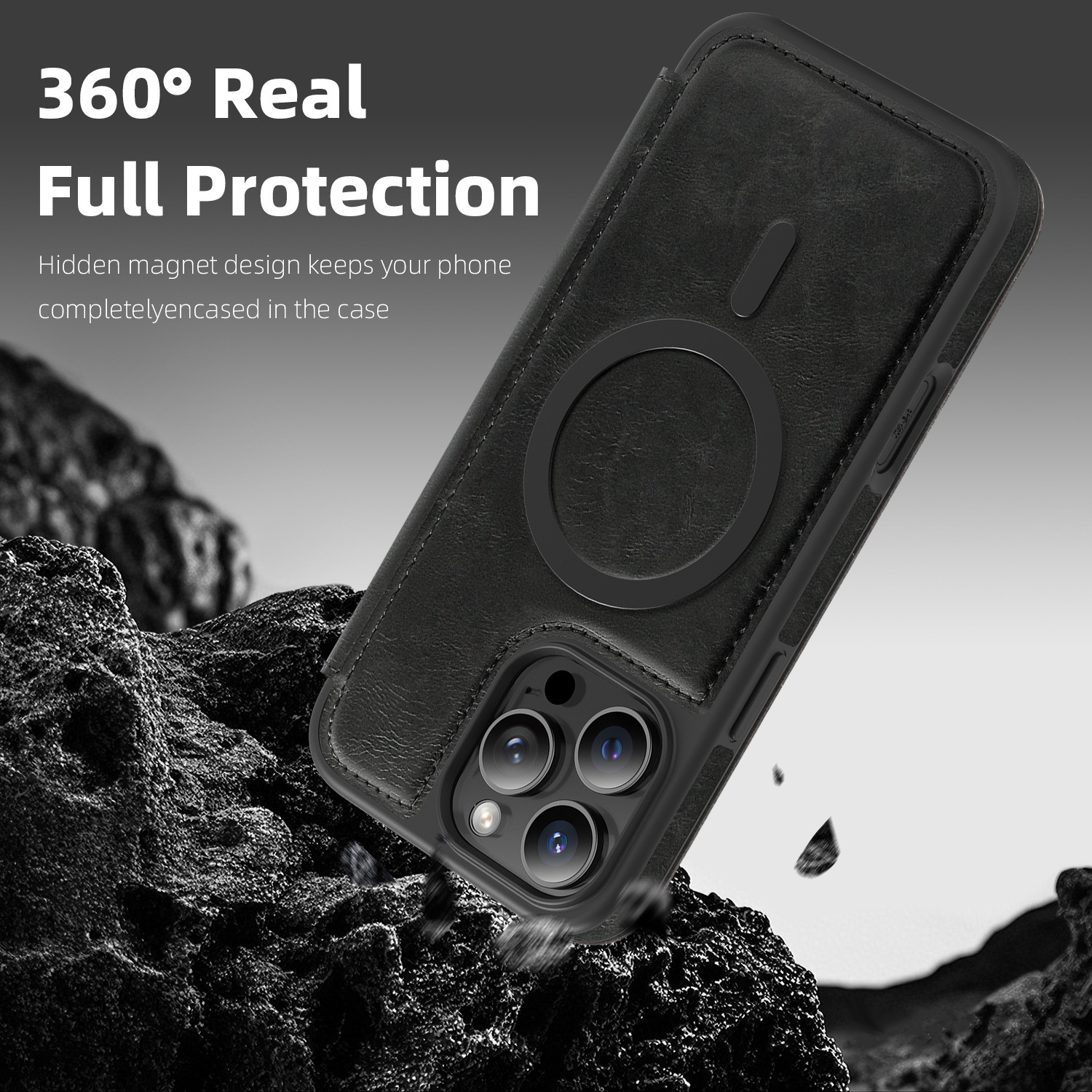 Ốp lưng da từ tính có khe đựng thẻ cho iPhone 16 Pro Max, chống sốc — Màu đen, Màu xanh ngọc, Màu cà phê, Xám vàng titan chi tiết 24