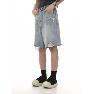 2025 Summer New Ripped Denim Shorts for Men and Women, Trendy Loose Straight Vintage Denim Mid-Length Shorts