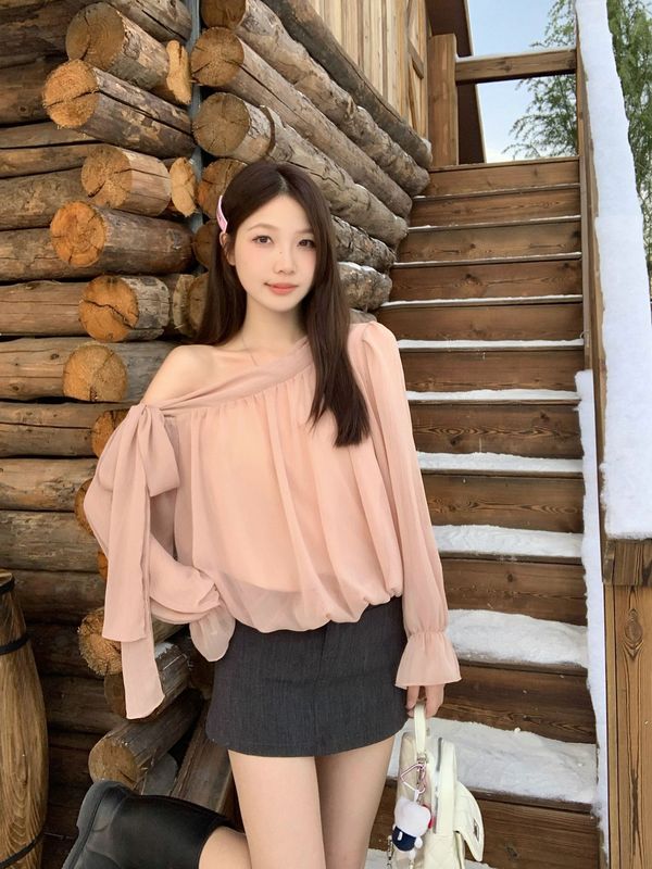 大码女装秋新款洋气温柔飘逸斜肩外穿设计感绑带衬衫上衣女|undefined