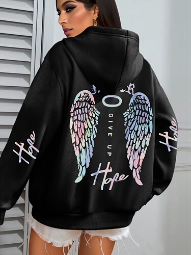 Wings Print Hoodie, Casual Kangaroo Pocket Drawstring Long-Sleeve Hooded Sweatshirt, Women's European Size Hooded Sweatshirt