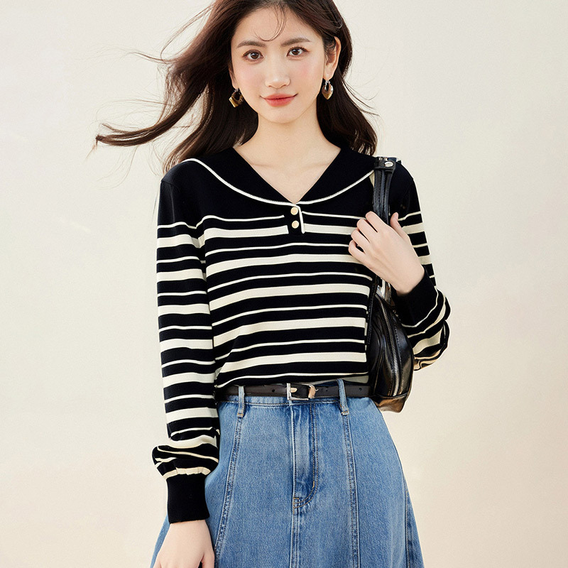 2026 Autumn New Black Striped Navy Collar Knit Sweater, Elegant Loose Long Sleeve Knit Top