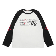 アメリカ式の色の肩の袖のtシャツの女性の早春の星のアルファベットのプリントの長袖の底のシャツのカップルのゆったりした上着の潮