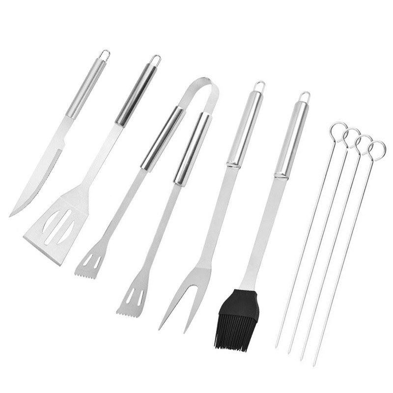 Juego de bolsa de tela para hornear juego de nueve piezas de acero inoxidable para barbacoa al aire libre cuchillo de herramienta de pala clip cepillo de aceite para barbacoa firma de barbacoa paquete de barbacoa de camping