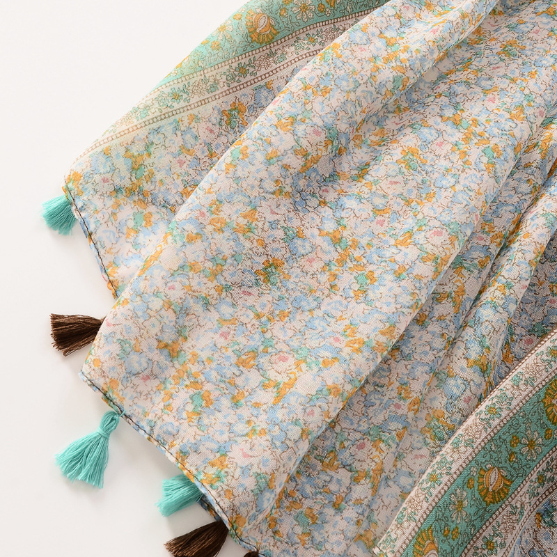 Nuevo estilo étnico caliente floral fresco borla decorativa bufanda de seda de algodón y lino de las mujeres sensación bufanda protector solar Toalla de playa