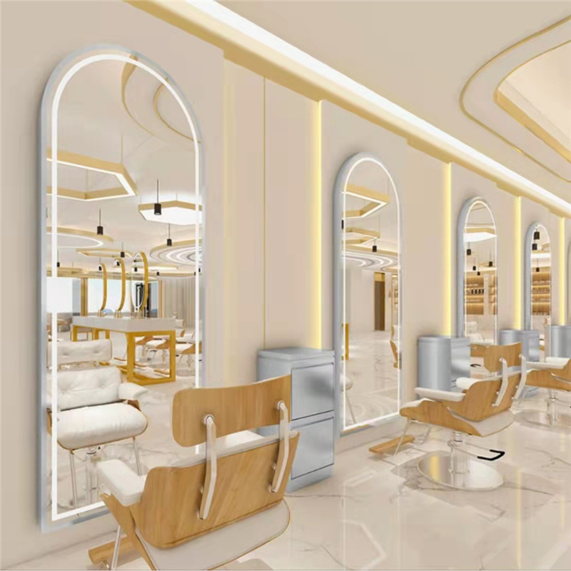 Barbería en línea tabla de espejo salón especial tipo pared simple barbería espejo de piso LED tabla de espejo de escaldado control táctil