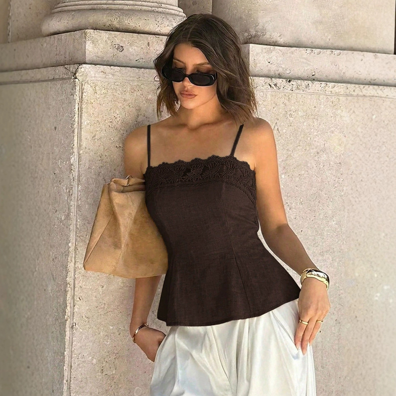 Solid Color Vintage Spicy Girl Camisole with Lace Splicing, Versatile Summer Sexy Top Solid Color Vintage Spicy Girl Camisole with Lace Splicing, Versatile Summer Sexy Top