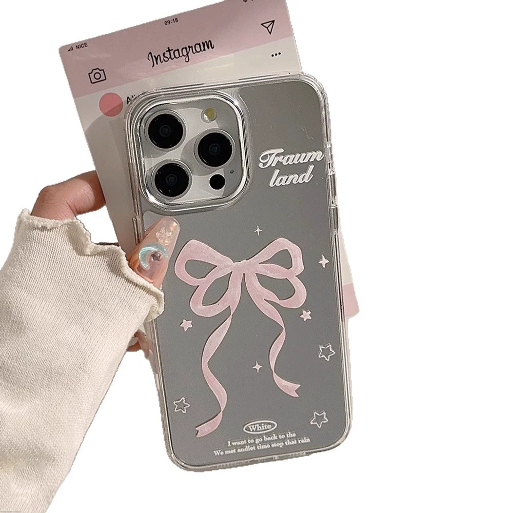 Apple, huawei, compatible phone case with bow, cartoon cute protective case, mirror effect, iphone, Japanese and Korean
