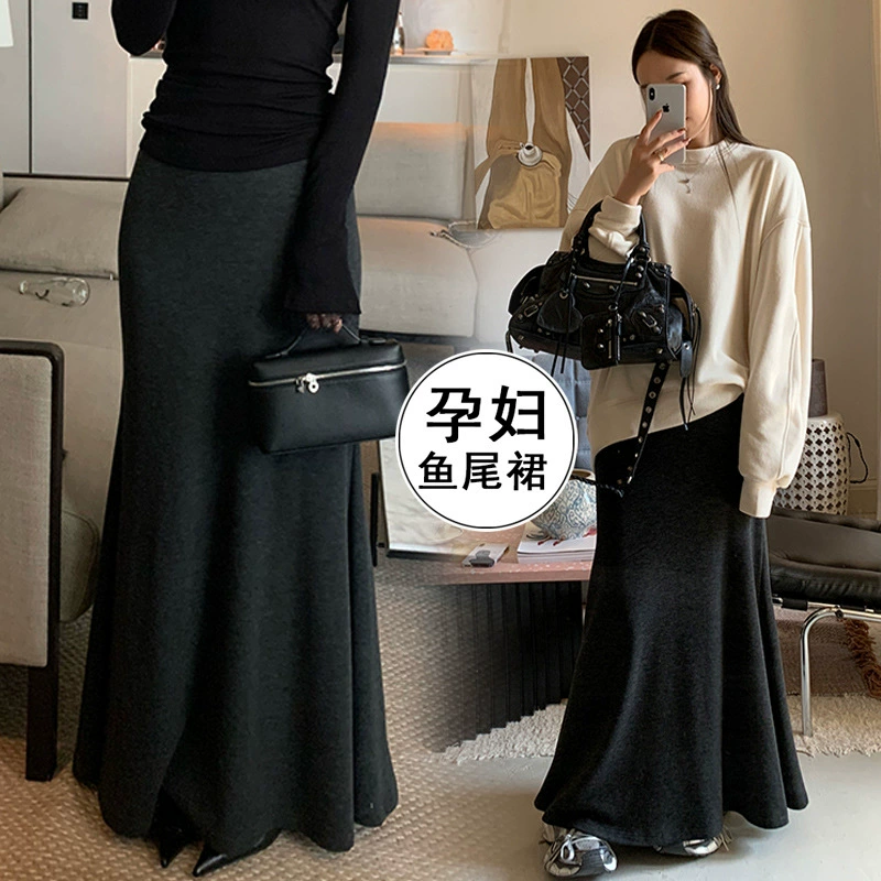 Черная юбка для беременных женщин новый женский осенний и зимний фон ретро с высокой талией дизайн клейкий рис бедра рыбий хвост юбка корейский
