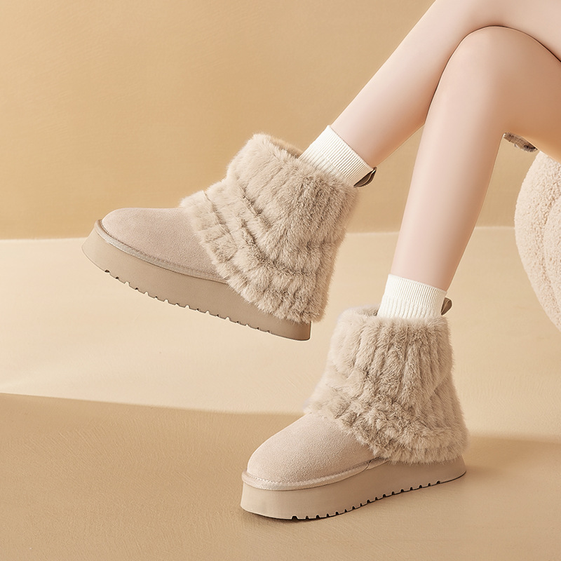 Botas de nieve de lana de león antiguo de invierno de mujer 2025 nuevas botas cortas de lana gruesas con pantalones de tubo medio grueso zapatos de algodón con suela gruesa